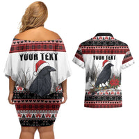 F Caw F Christmas Raven Personalized Couples Matching Off Shoulder Short Dress and Hawaiian Shirt Holiday Crow Festive - Wonder Print Shop