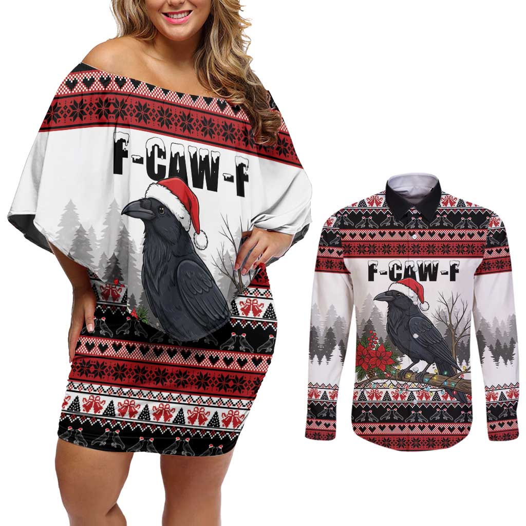 F Caw F Christmas Raven Personalized Couples Matching Off Shoulder Short Dress and Long Sleeve Button Shirt Holiday Crow Festive - Wonder Print Shop