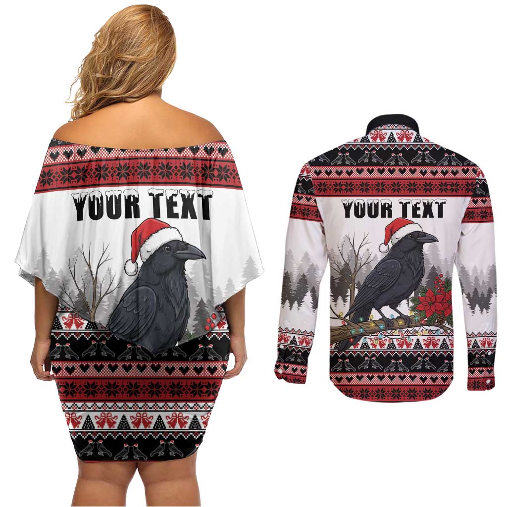F Caw F Christmas Raven Personalized Couples Matching Off Shoulder Short Dress and Long Sleeve Button Shirt Holiday Crow Festive - Wonder Print Shop