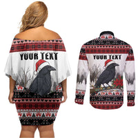 F Caw F Christmas Raven Personalized Couples Matching Off Shoulder Short Dress and Long Sleeve Button Shirt Holiday Crow Festive - Wonder Print Shop