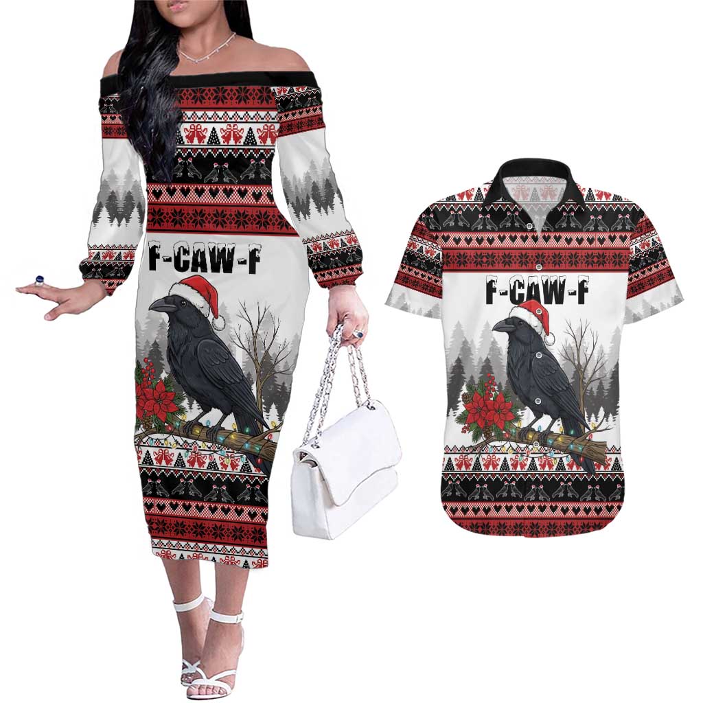 F Caw F Christmas Raven Personalized Couples Matching Off The Shoulder Long Sleeve Dress and Hawaiian Shirt Holiday Crow Festive - Wonder Print Shop