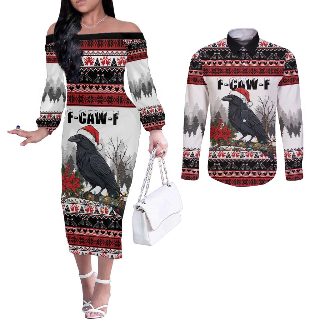 F Caw F Christmas Raven Personalized Couples Matching Off The Shoulder Long Sleeve Dress and Long Sleeve Button Shirt Holiday Crow Festive - Wonder Print Shop