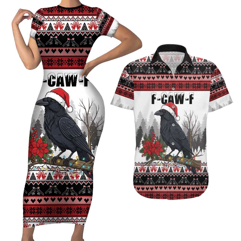 F Caw F Christmas Raven Personalized Couples Matching Short Sleeve Bodycon Dress and Hawaiian Shirt Holiday Crow Festive - Wonder Print Shop