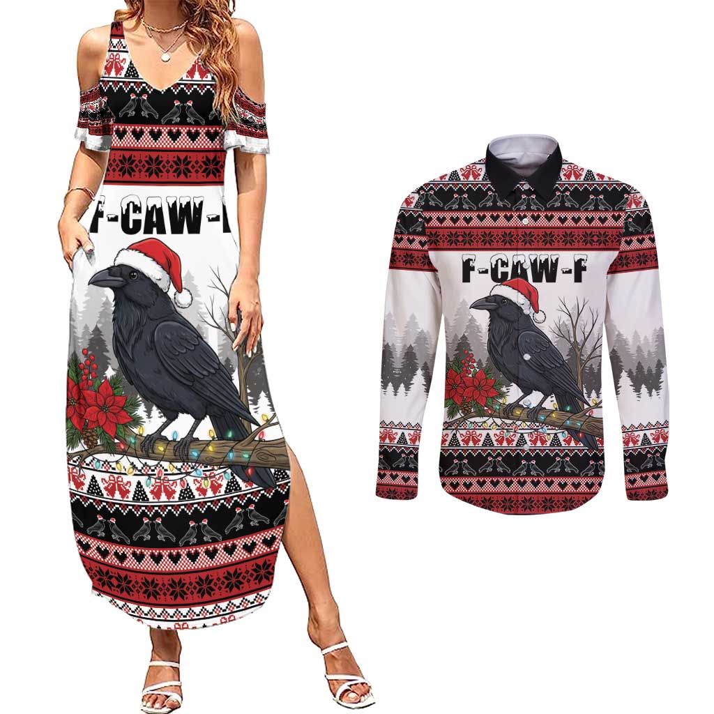 F Caw F Christmas Raven Personalized Couples Matching Summer Maxi Dress and Long Sleeve Button Shirt Holiday Crow Festive - Wonder Print Shop
