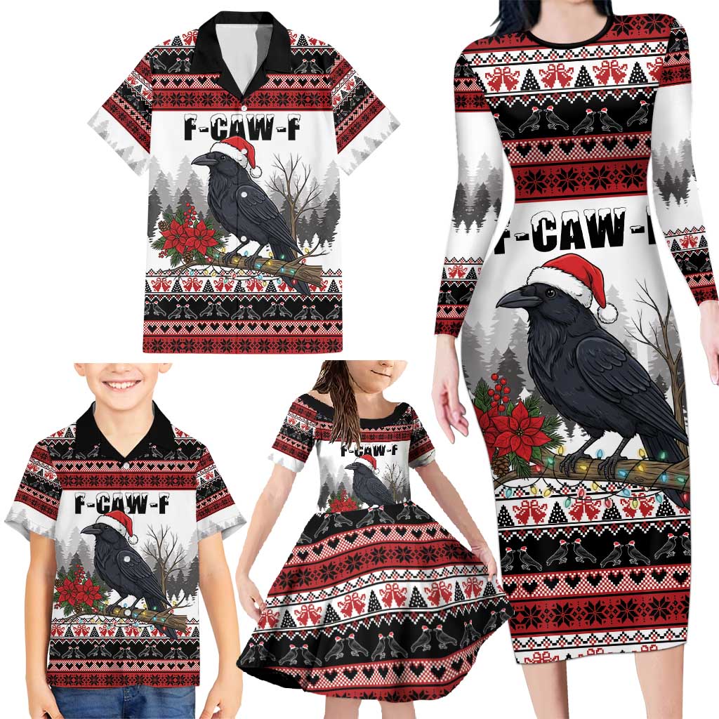 F Caw F Christmas Raven Personalized Family Matching Long Sleeve Bodycon Dress and Hawaiian Shirt Holiday Crow Festive - Wonder Print Shop