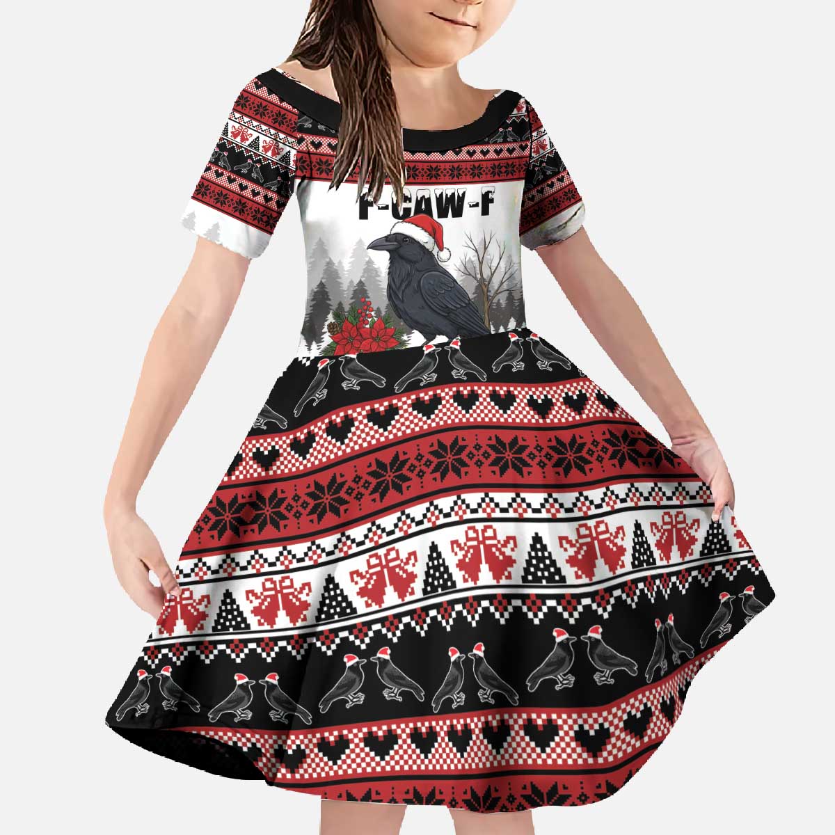 F Caw F Christmas Raven Personalized Family Matching Off The Shoulder Long Sleeve Dress and Hawaiian Shirt Holiday Crow Festive - Wonder Print Shop