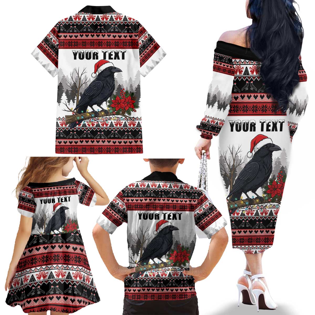 F Caw F Christmas Raven Personalized Family Matching Off The Shoulder Long Sleeve Dress and Hawaiian Shirt Holiday Crow Festive - Wonder Print Shop
