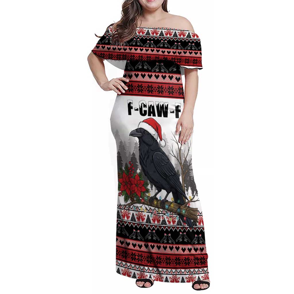 F Caw F Christmas Raven Personalized Family Matching Off Shoulder Maxi Dress and Hawaiian Shirt Holiday Crow Festive - Wonder Print Shop