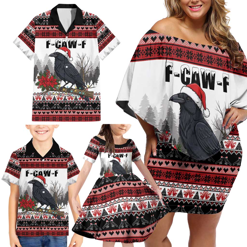 F Caw F Christmas Raven Personalized Family Matching Off Shoulder Short Dress and Hawaiian Shirt Holiday Crow Festive - Wonder Print Shop