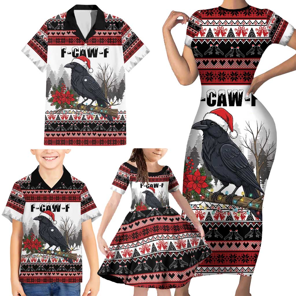 F Caw F Christmas Raven Personalized Family Matching Short Sleeve Bodycon Dress and Hawaiian Shirt Holiday Crow Festive - Wonder Print Shop