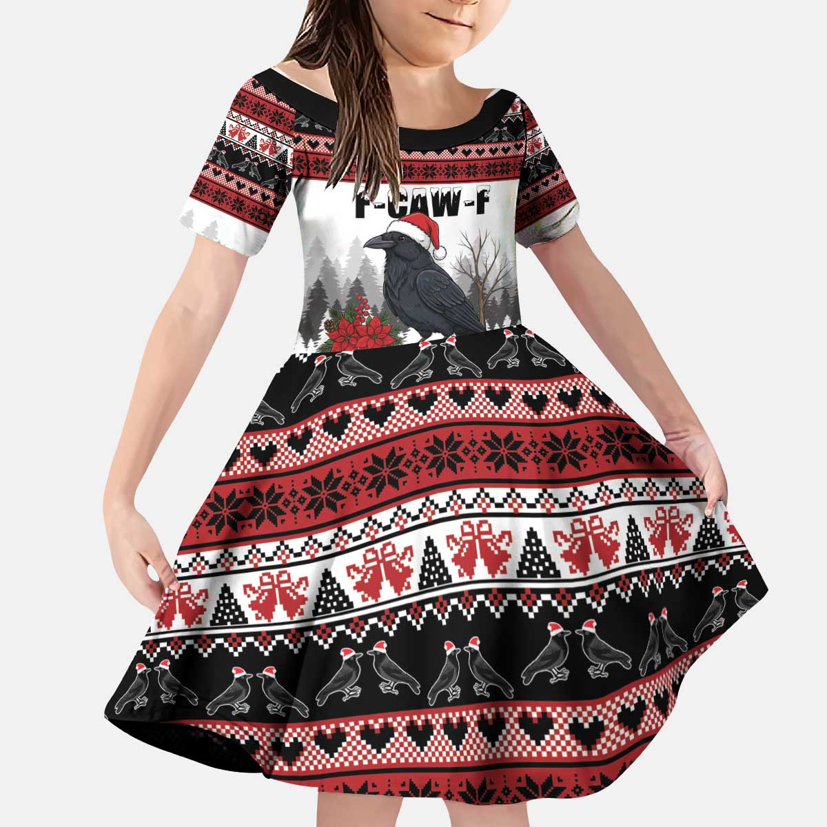 F Caw F Christmas Raven Personalized Kid Short Sleeve Dress Holiday Crow Festive - Wonder Print Shop