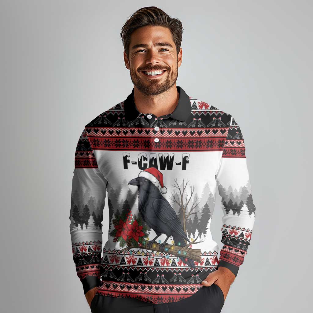 F Caw F Christmas Raven Personalized Long Sleeve Polo Shirt Holiday Crow Festive - Wonder Print Shop