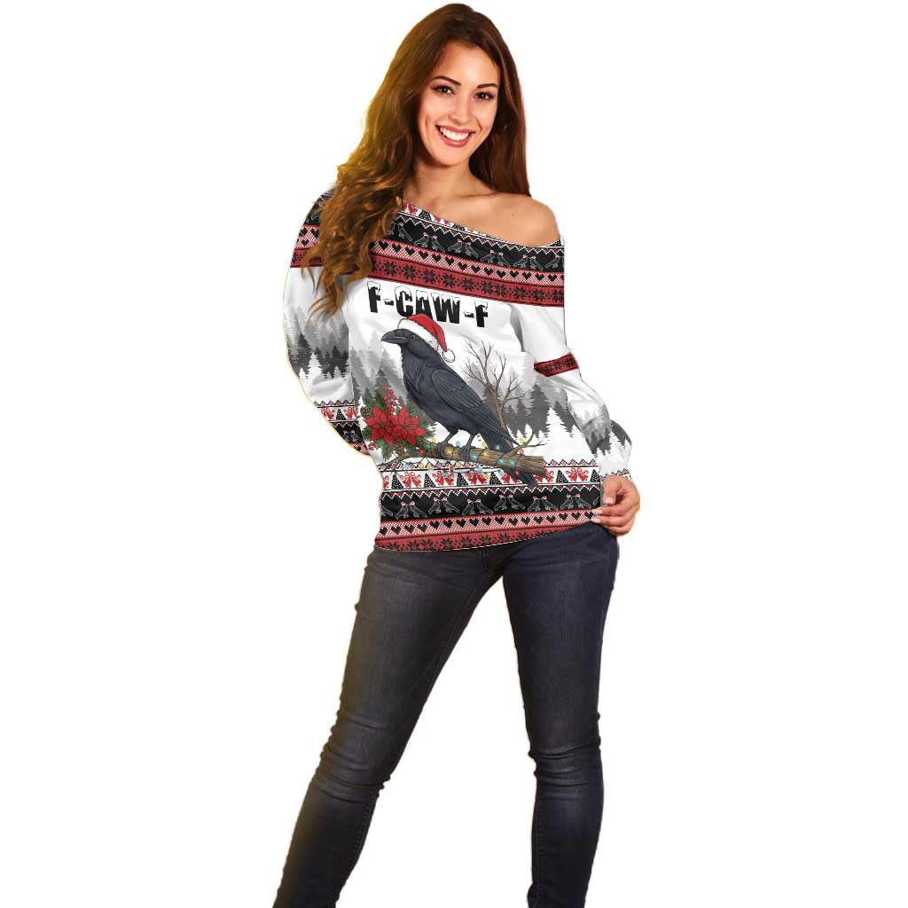 F Caw F Christmas Raven Personalized Off Shoulder Sweater Holiday Crow Festive - Wonder Print Shop