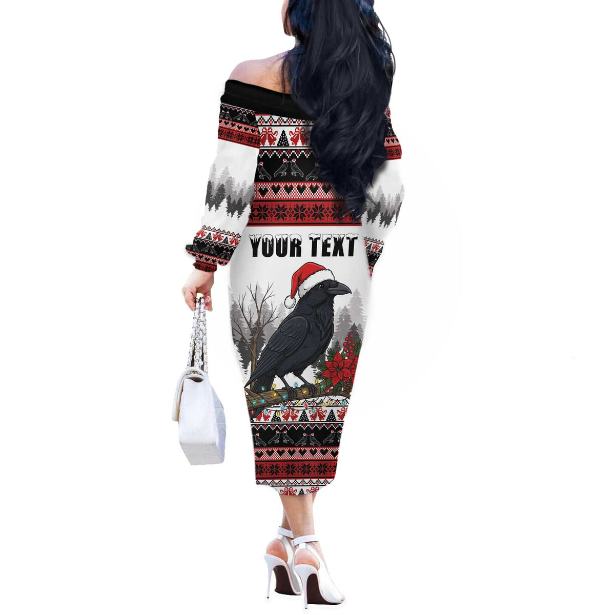 F Caw F Christmas Raven Personalized Off The Shoulder Long Sleeve Dress Holiday Crow Festive - Wonder Print Shop