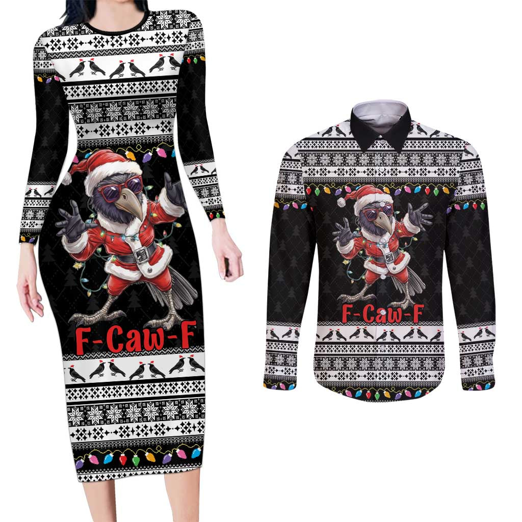 F Caw F Raven Christmas Couples Matching Long Sleeve Bodycon Dress and Long Sleeve Button Shirt Funny Santa Crow - Wonder Print Shop