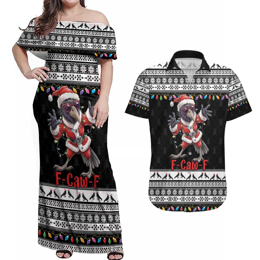 F Caw F Raven Christmas Couples Matching Off Shoulder Maxi Dress and Hawaiian Shirt Funny Santa Crow - Wonder Print Shop
