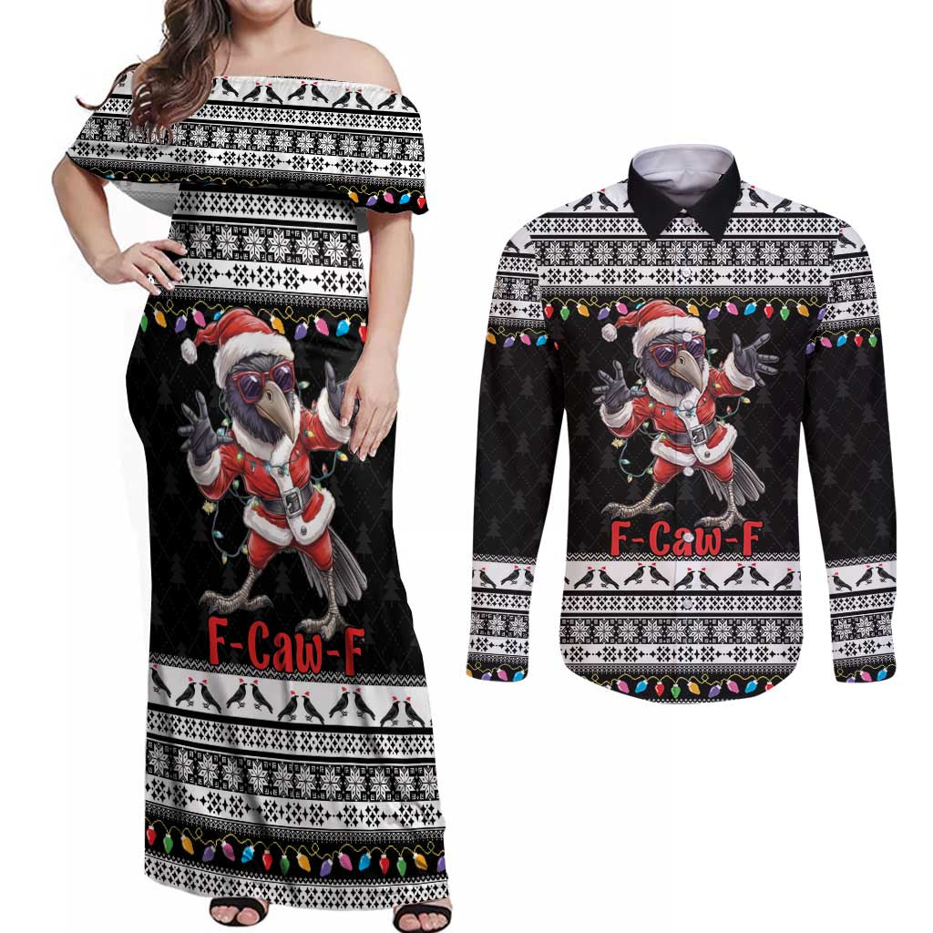 F Caw F Raven Christmas Couples Matching Off Shoulder Maxi Dress and Long Sleeve Button Shirt Funny Santa Crow - Wonder Print Shop