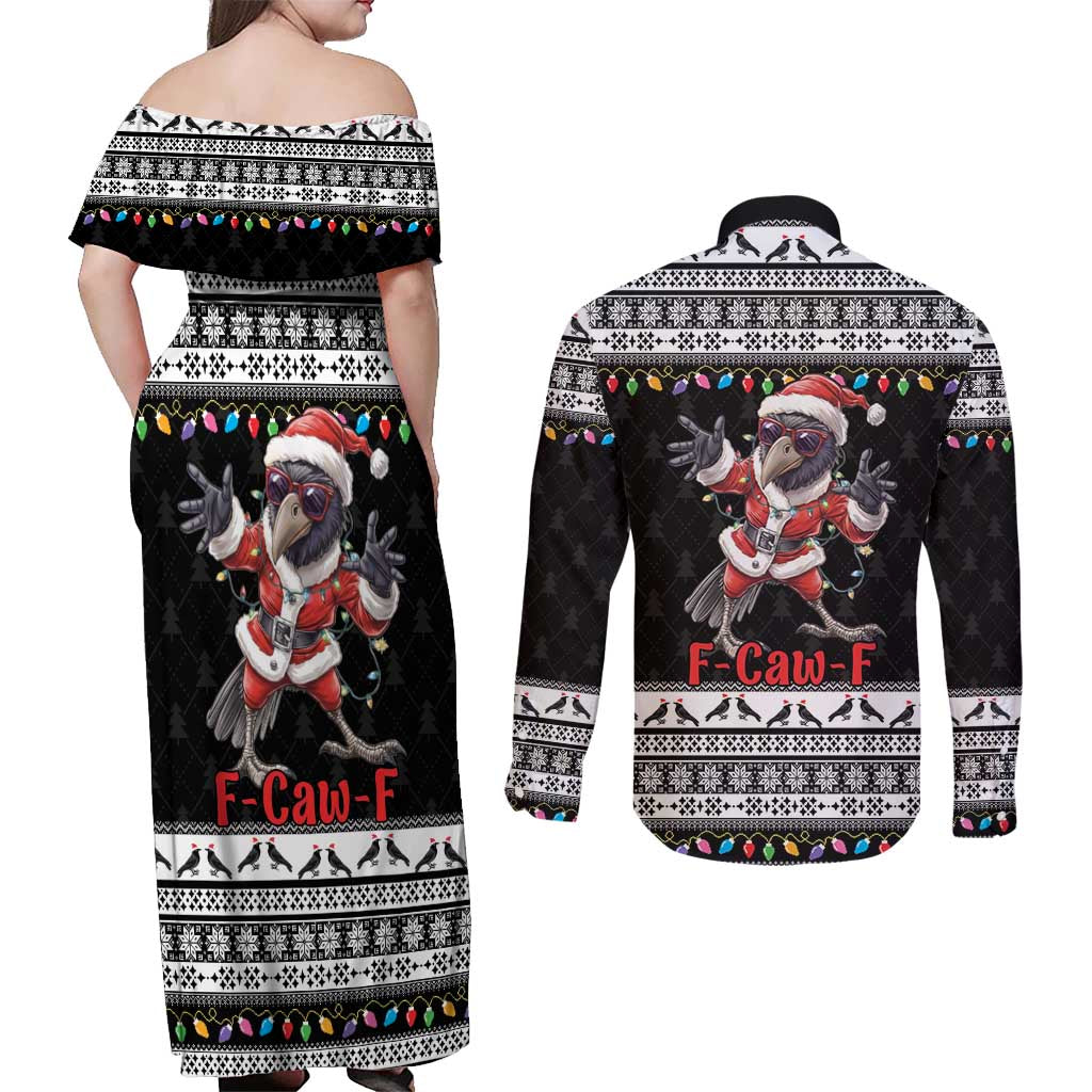 F Caw F Raven Christmas Couples Matching Off Shoulder Maxi Dress and Long Sleeve Button Shirt Funny Santa Crow - Wonder Print Shop