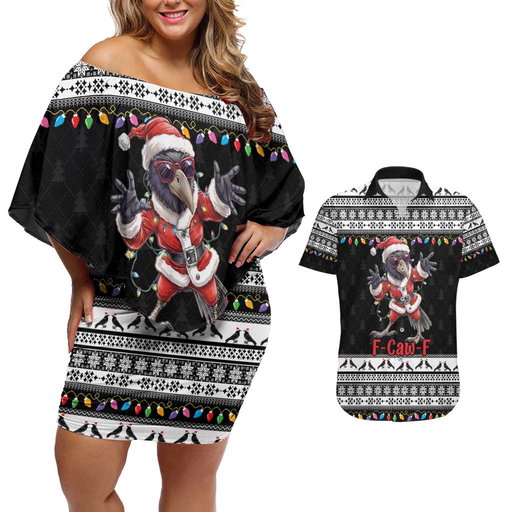 F Caw F Raven Christmas Couples Matching Off Shoulder Short Dress and Hawaiian Shirt Funny Santa Crow - Wonder Print Shop