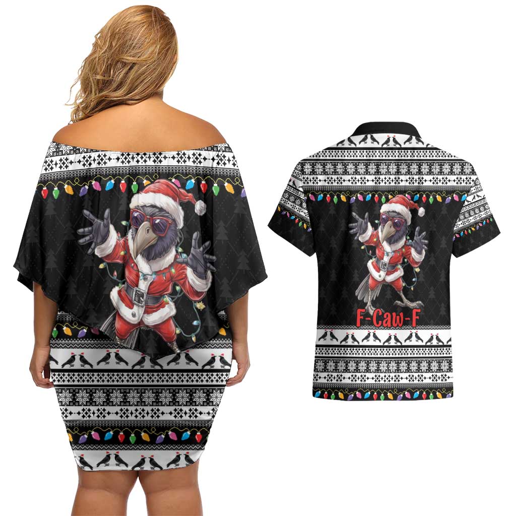 F Caw F Raven Christmas Couples Matching Off Shoulder Short Dress and Hawaiian Shirt Funny Santa Crow - Wonder Print Shop