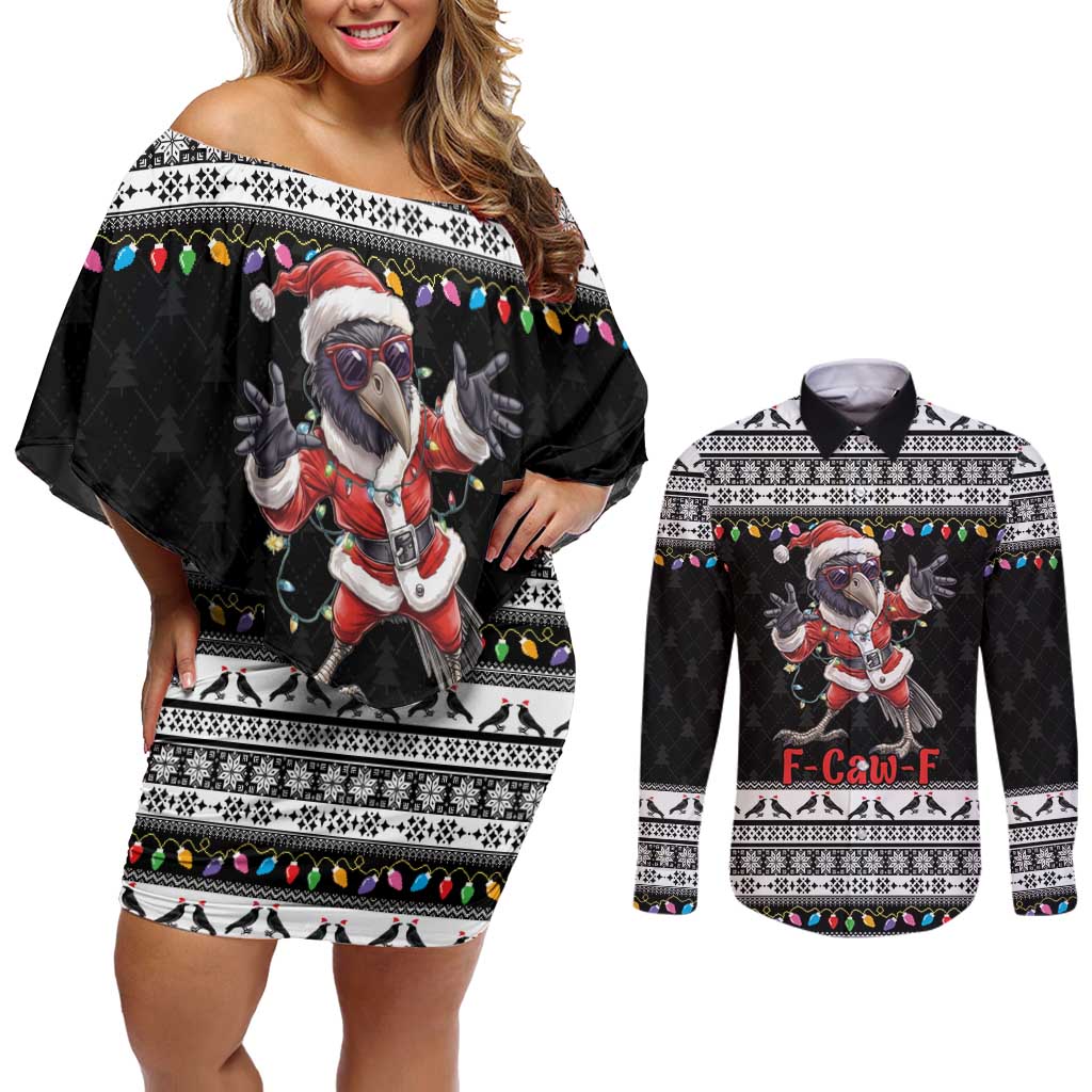 F Caw F Raven Christmas Couples Matching Off Shoulder Short Dress and Long Sleeve Button Shirt Funny Santa Crow - Wonder Print Shop