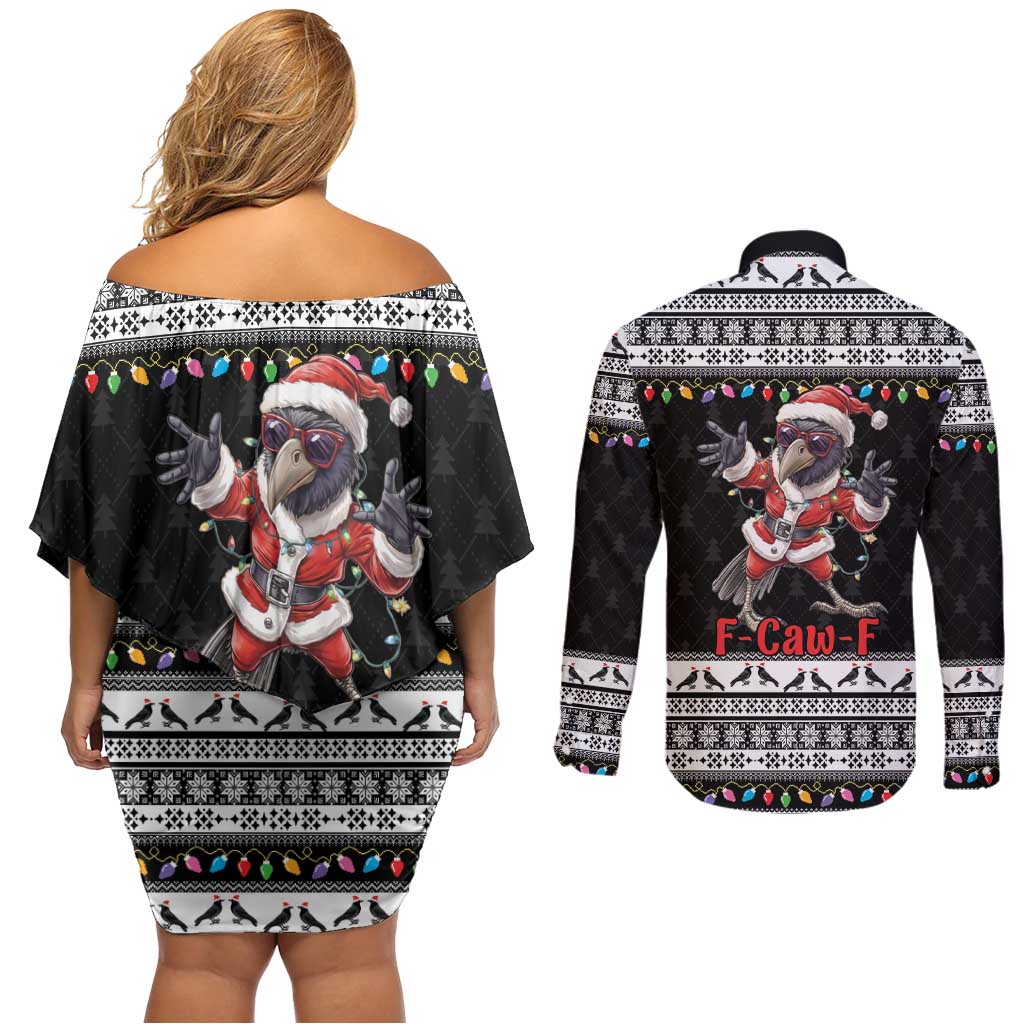 F Caw F Raven Christmas Couples Matching Off Shoulder Short Dress and Long Sleeve Button Shirt Funny Santa Crow - Wonder Print Shop