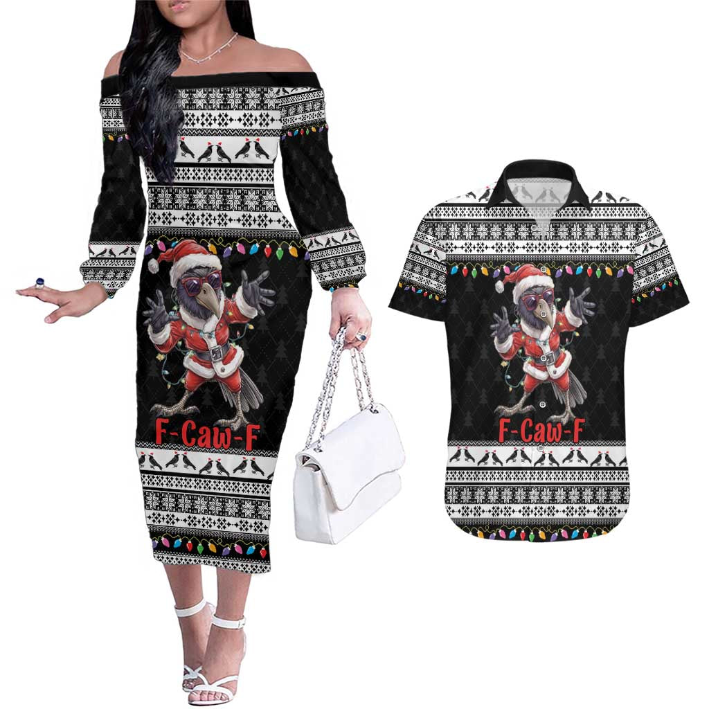 F Caw F Raven Christmas Couples Matching Off The Shoulder Long Sleeve Dress and Hawaiian Shirt Funny Santa Crow - Wonder Print Shop