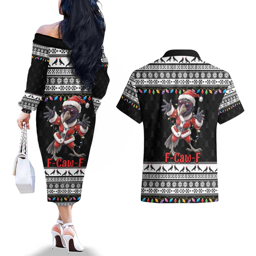 F Caw F Raven Christmas Couples Matching Off The Shoulder Long Sleeve Dress and Hawaiian Shirt Funny Santa Crow - Wonder Print Shop