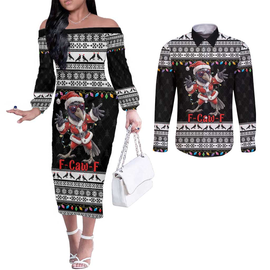 F Caw F Raven Christmas Couples Matching Off The Shoulder Long Sleeve Dress and Long Sleeve Button Shirt Funny Santa Crow - Wonder Print Shop