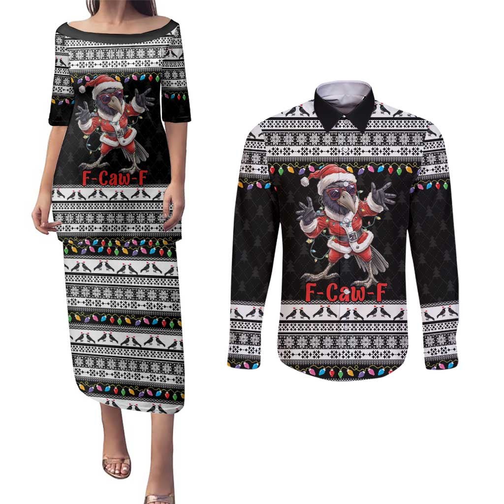 F Caw F Raven Christmas Couples Matching Puletasi and Long Sleeve Button Shirt Funny Santa Crow - Wonder Print Shop