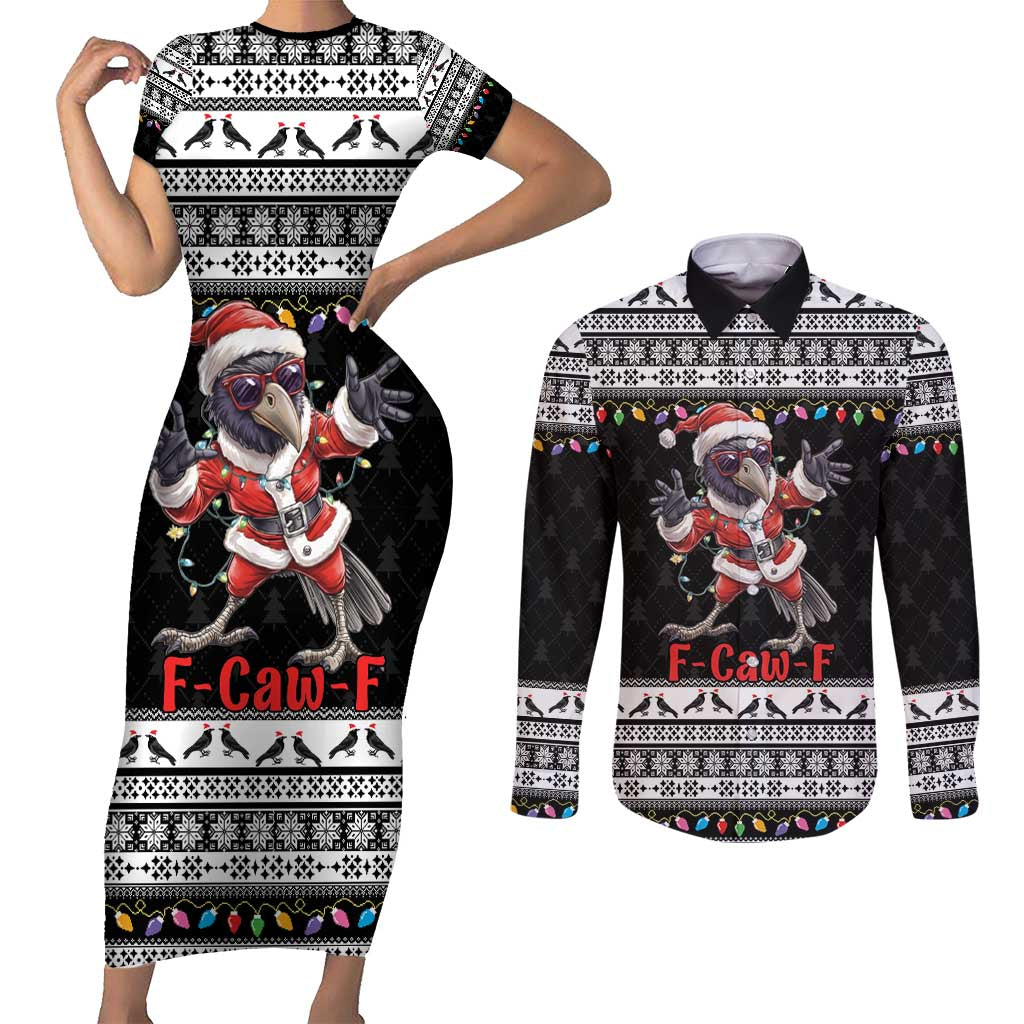 F Caw F Raven Christmas Couples Matching Short Sleeve Bodycon Dress and Long Sleeve Button Shirt Funny Santa Crow - Wonder Print Shop
