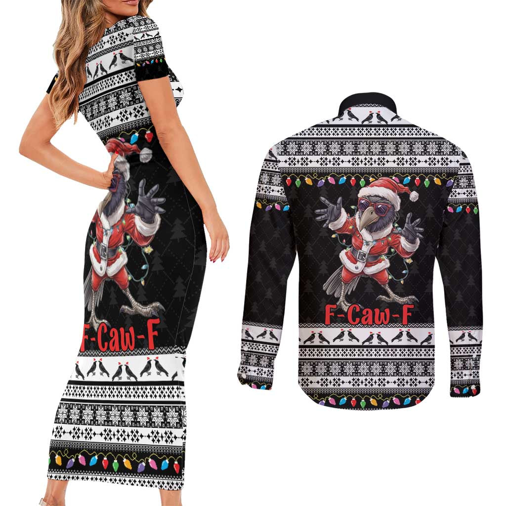F Caw F Raven Christmas Couples Matching Short Sleeve Bodycon Dress and Long Sleeve Button Shirt Funny Santa Crow - Wonder Print Shop