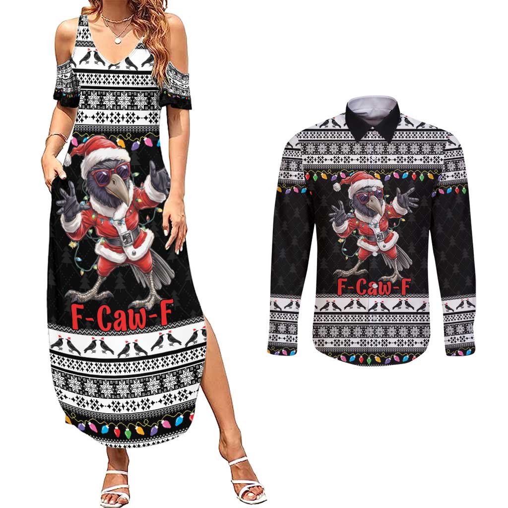 F Caw F Raven Christmas Couples Matching Summer Maxi Dress and Long Sleeve Button Shirt Funny Santa Crow - Wonder Print Shop