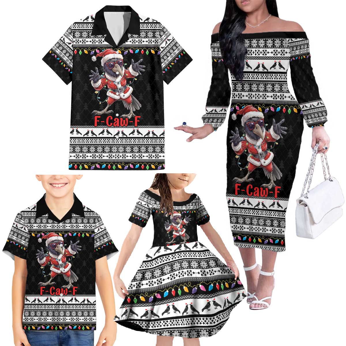 F Caw F Raven Christmas Family Matching Off The Shoulder Long Sleeve Dress and Hawaiian Shirt Funny Santa Crow - Wonder Print Shop