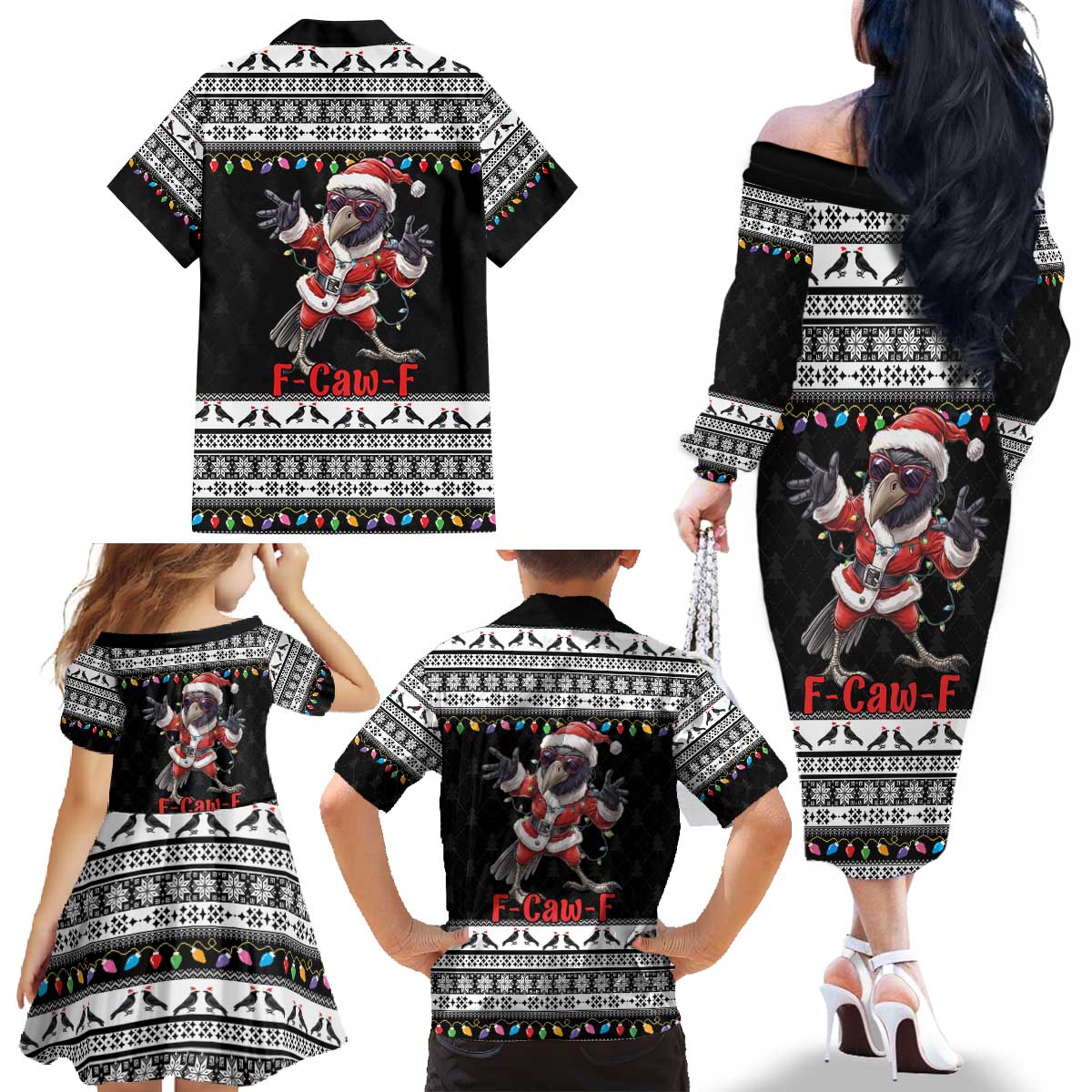 F Caw F Raven Christmas Family Matching Off The Shoulder Long Sleeve Dress and Hawaiian Shirt Funny Santa Crow - Wonder Print Shop