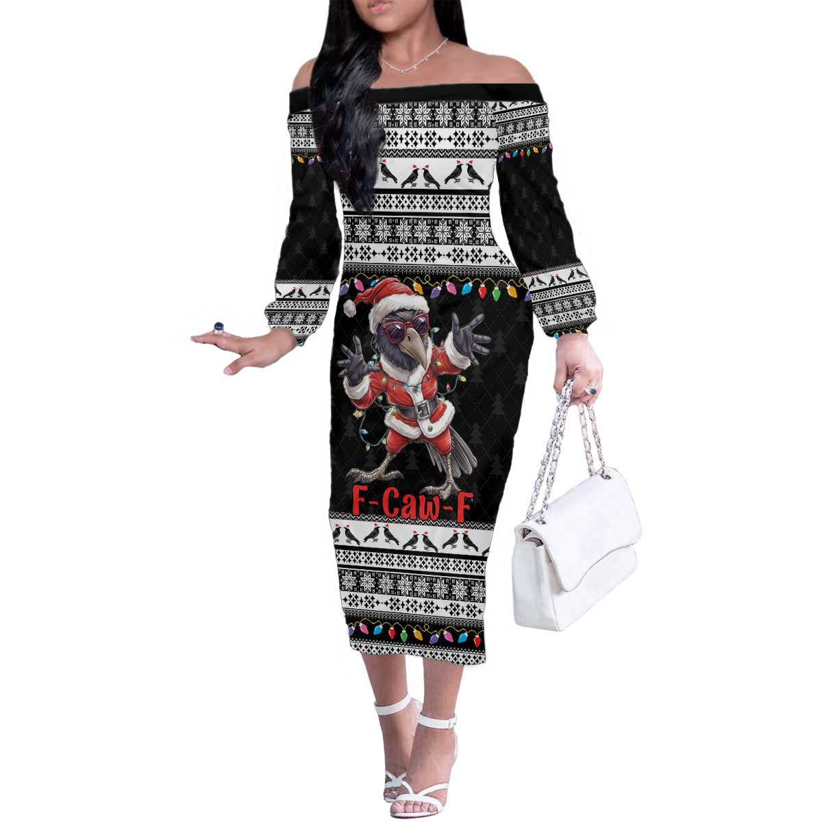 F Caw F Raven Christmas Family Matching Off The Shoulder Long Sleeve Dress and Hawaiian Shirt Funny Santa Crow - Wonder Print Shop