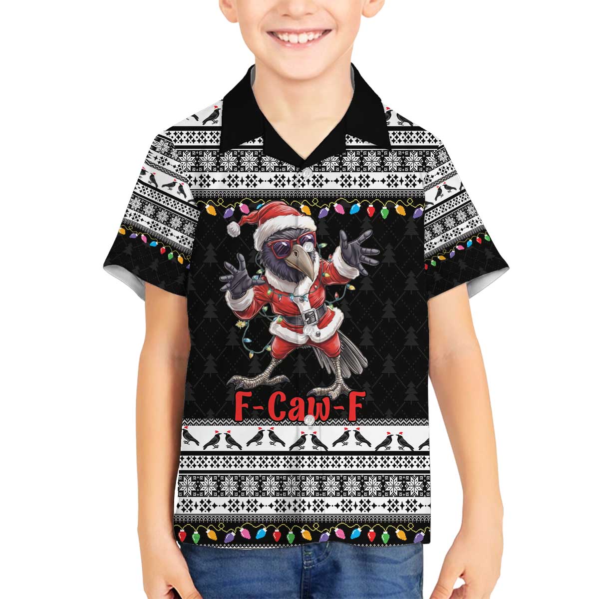 F Caw F Raven Christmas Family Matching Off The Shoulder Long Sleeve Dress and Hawaiian Shirt Funny Santa Crow - Wonder Print Shop