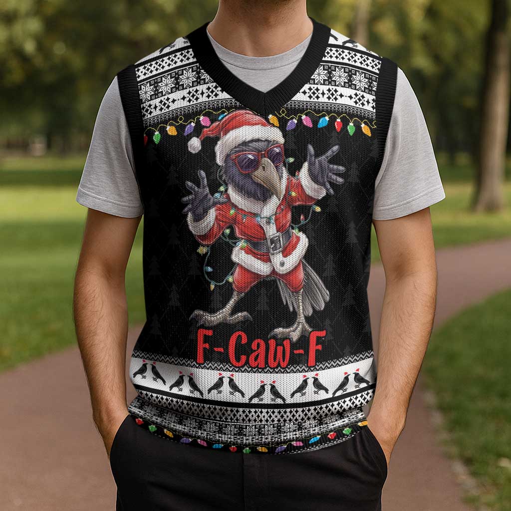 F Caw F Raven Christmas Knitted V-Neck Vest Funny Santa Crow - Wonder Print Shop