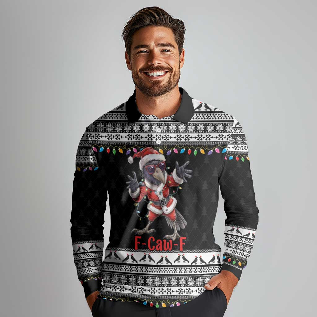 F Caw F Raven Christmas Long Sleeve Polo Shirt Funny Santa Crow - Wonder Print Shop