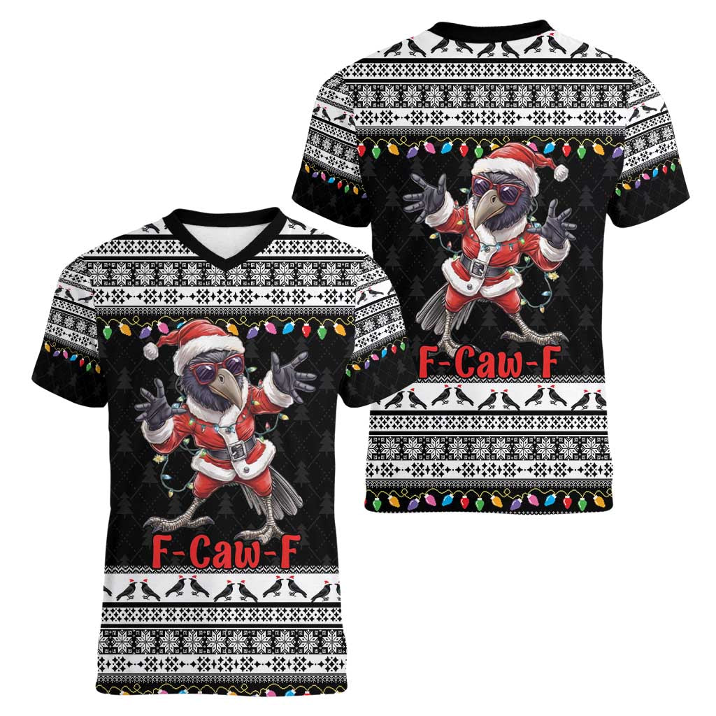 F Caw F Raven Christmas Women V-Neck T-Shirt Funny Santa Crow - Wonder Print Shop