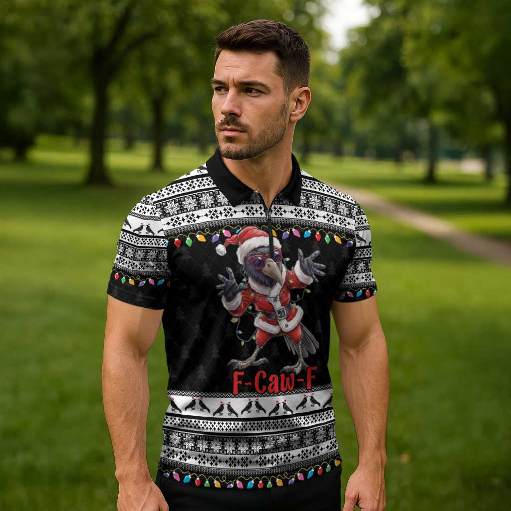 F Caw F Raven Christmas Zipper Polo Shirt Funny Santa Crow - Wonder Print Shop