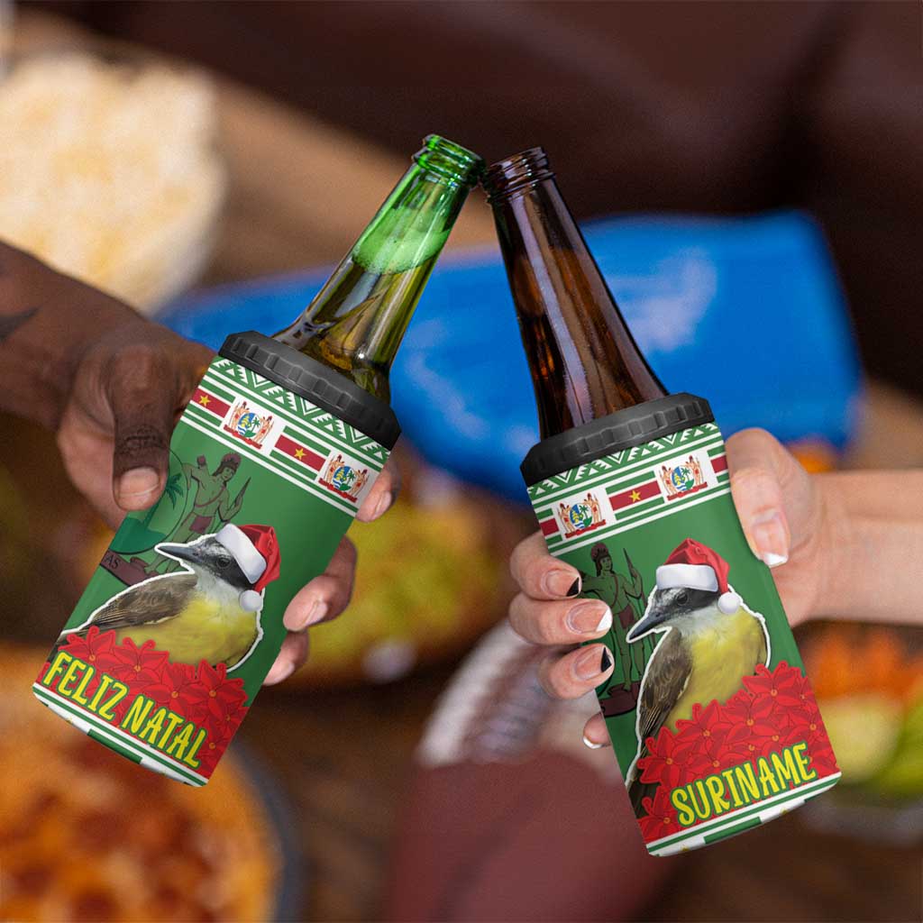 Suriname Christmas 4 in 1 Can Cooler Tumbler Lesser Kiskadee With White Jungle Geranium - Wonder Print Shop