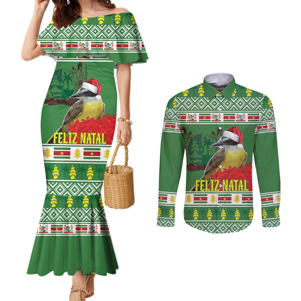 Suriname Christmas Couples Matching Mermaid Dress and Long Sleeve Button Shirt Lesser Kiskadee With White Jungle Geranium