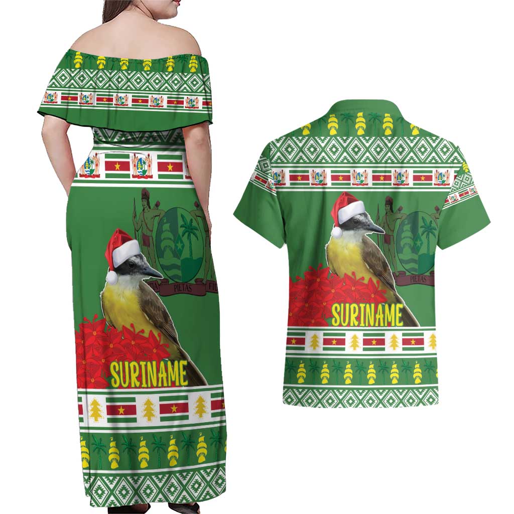 Suriname Christmas Couples Matching Off Shoulder Maxi Dress and Hawaiian Shirt Lesser Kiskadee With White Jungle Geranium - Wonder Print Shop