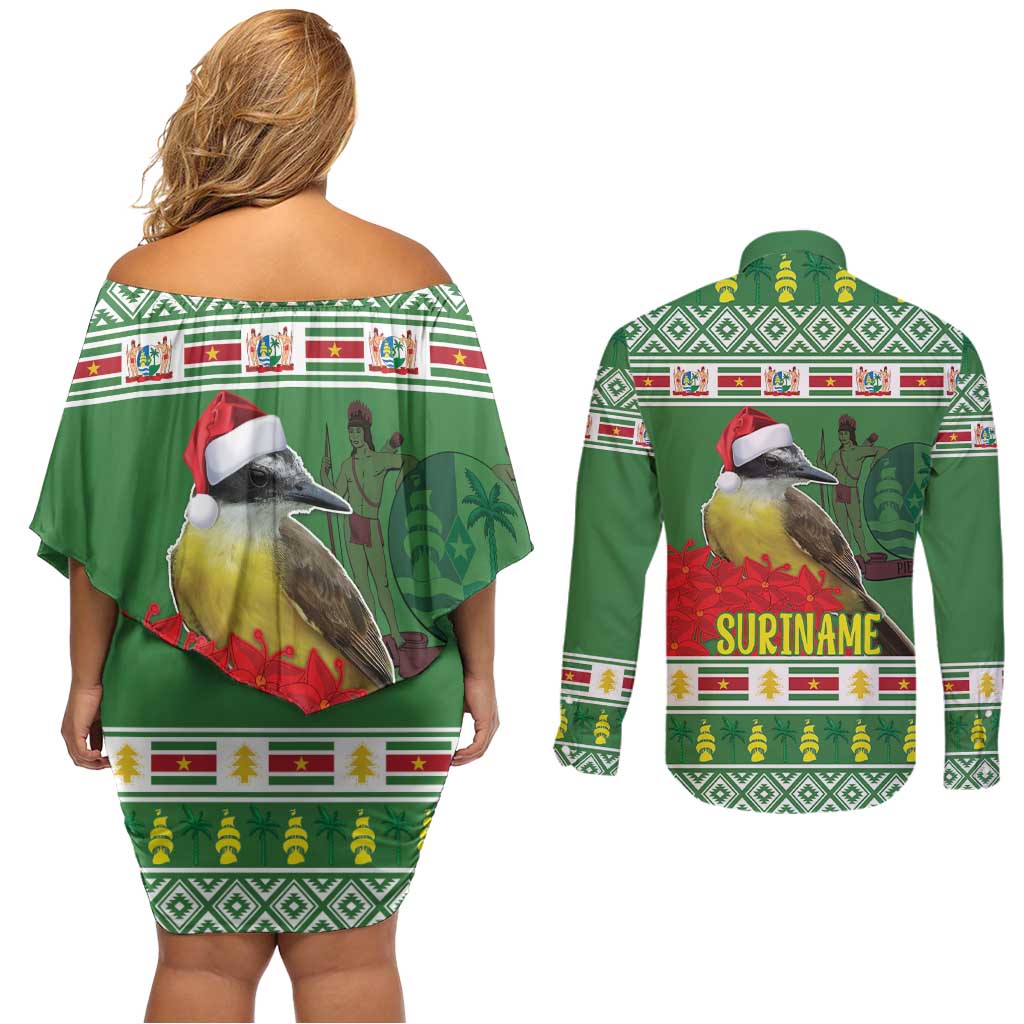 Suriname Christmas Couples Matching Off Shoulder Short Dress and Long Sleeve Button Shirt Lesser Kiskadee With White Jungle Geranium - Wonder Print Shop