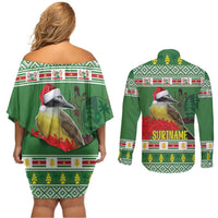 Suriname Christmas Couples Matching Off Shoulder Short Dress and Long Sleeve Button Shirt Lesser Kiskadee With White Jungle Geranium - Wonder Print Shop