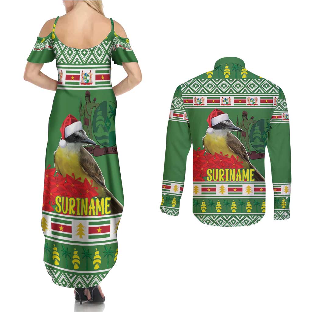Suriname Christmas Couples Matching Summer Maxi Dress and Long Sleeve Button Shirt Lesser Kiskadee With White Jungle Geranium - Wonder Print Shop