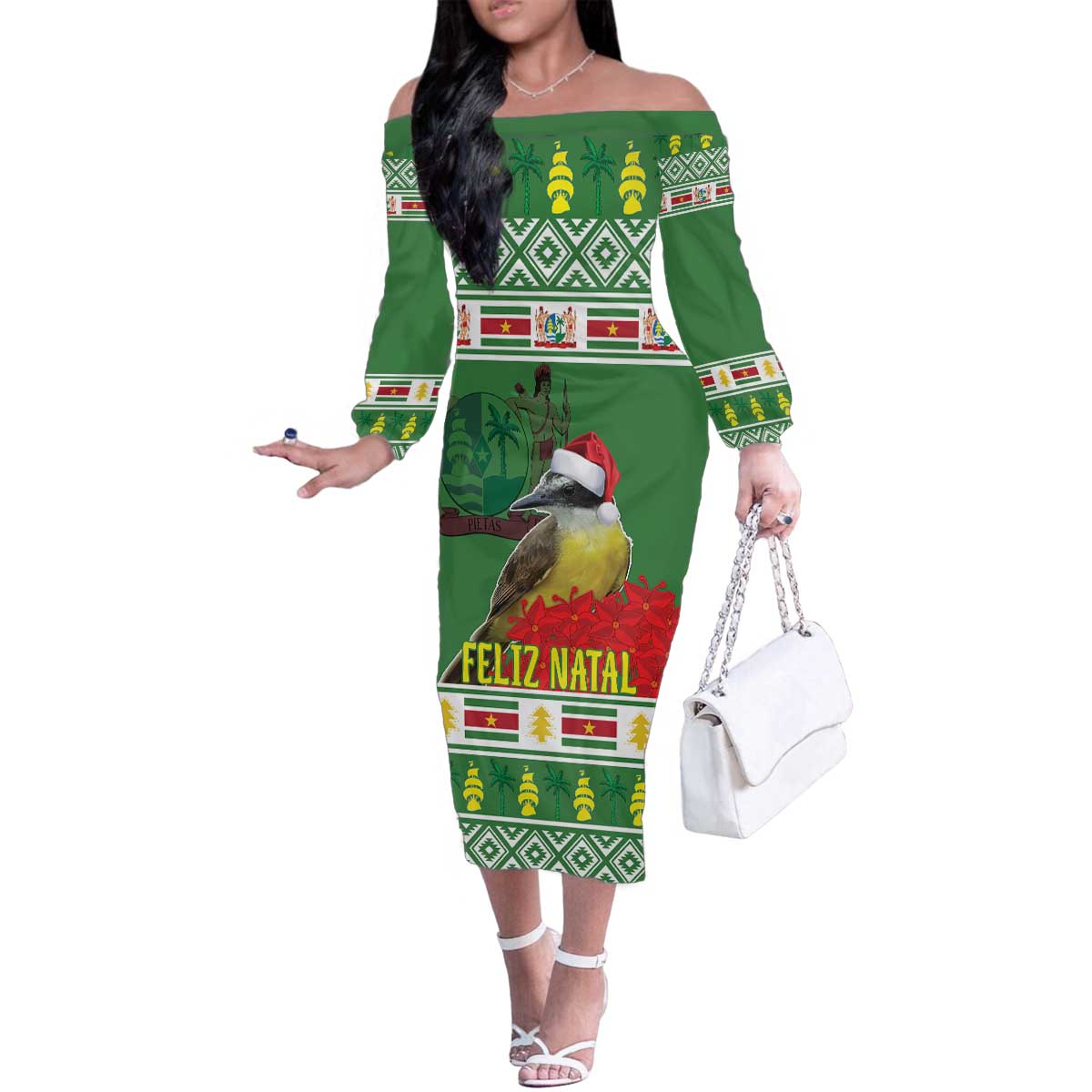 Suriname Christmas Family Matching Off The Shoulder Long Sleeve Dress and Hawaiian Shirt Lesser Kiskadee With White Jungle Geranium - Wonder Print Shop
