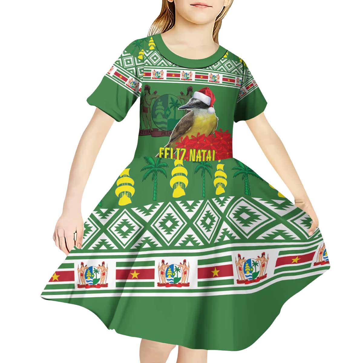 Suriname Christmas Kid Short Sleeve Dress Lesser Kiskadee With White Jungle Geranium - Wonder Print Shop