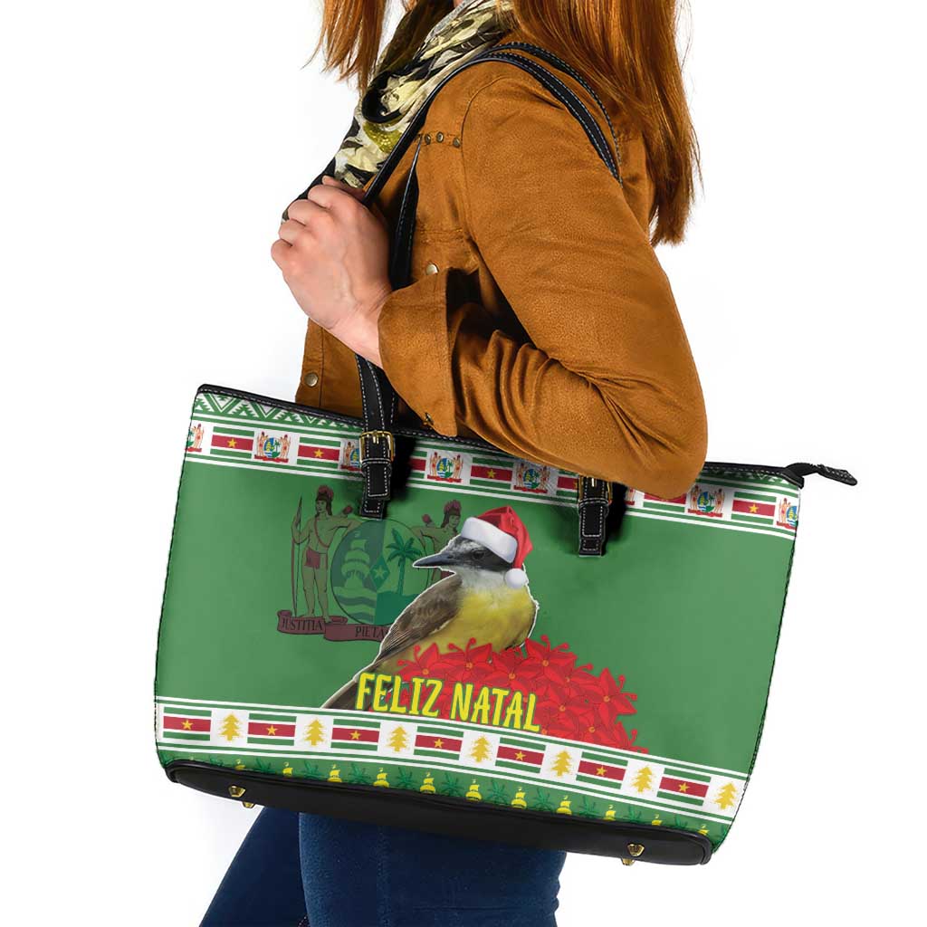 Suriname Christmas Leather Tote Bag Lesser Kiskadee With White Jungle Geranium - Wonder Print Shop